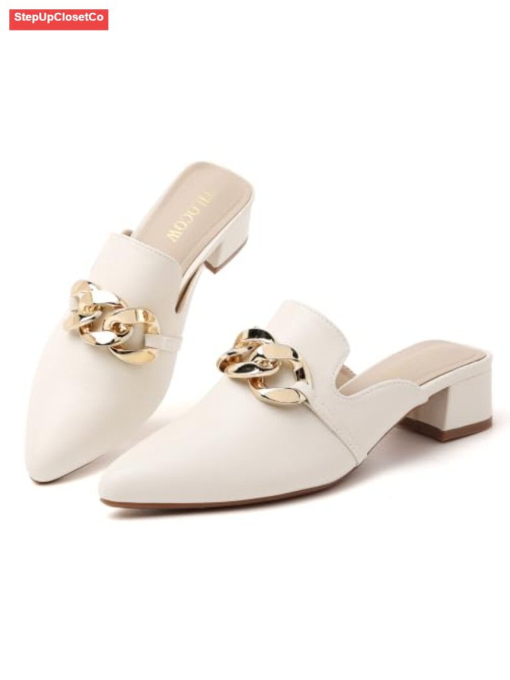 Metal Chain Closed Toe Slip On Block Heel Mules Shoes